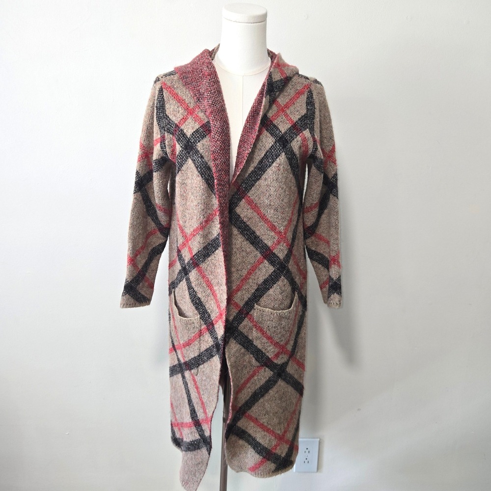 Joseph A. Hooded Cardigan Womens Small Tan Red Black Plaid Longline Open Front